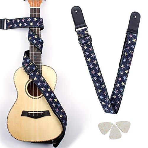Easeicon Hootenanny Style [Star in Night Sky] Adjustable Ukulele Strap [Extra Comfortable Design] UKE Belt + 3 Felt Picks - Ideal for Hawaiian Ukelele(Baritone Tenor Concert Soprano) - Black