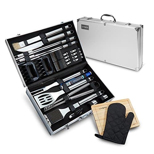 Vysta 29 Piece BBQ Tools Set - Barbecue Accessories with Carrying Case - Professional Grade Stainless Steel Grill Utensils - Spatulas, Tongs, Forks Skewers, Knives, Brushes and More