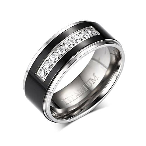 8mm Men's Black Titanium Wedding Band Ring with 8 Simulated CZ Set (7)