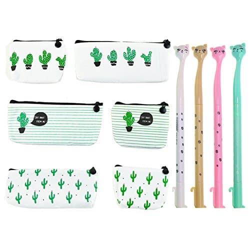 Someamy 6 PCS Printed Cactus Pencil Case, Canvas Pencil Case Pouch Purse Bag Large Capacity Stationary &amp; Cosmetic Makeup Bag with 4 Pcs Cute Pens