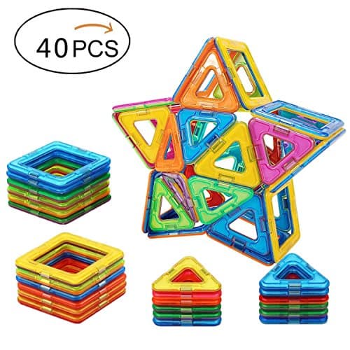 Babite 40 Pcs Magnetic Building Blocks Magnet Tiles Construction Set Educational Stacking Toys for Kids &amp; Toddlers with Storage Box