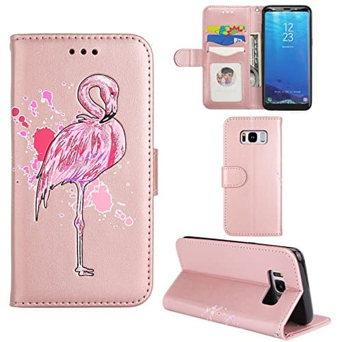 Aipyy Galaxy S8 Case,S8 Cases,[Card Slots] Wallet Folio Style PU Leather Glitter Powder Flamingo Emboss Flip Case Kickstand Cover &amp; Magnetic Closure for Samsung Galaxy S8 5.8" [Rose Gold]