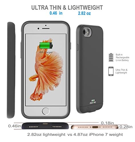 iPhone 7 Ultra Thin Battery Case, ZgearZ 2400mAh Super Lightweight Slim Charger Extender Rechargeable Power Pack. Use this Portable Protective Charging Cover Cases as Backup Power for iPhone (Black)