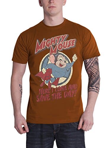 Mighty Mouse T Shirt Here I Come To Save The Day Logo Official Mens Brown