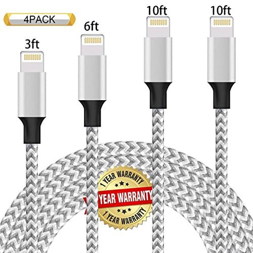 Ulimag Lightning Cable 4Pack 3FT 6FT 10FT 10FT Nylon Braided Certified iPhone Cable USB Cord Charging Charger for iPhone X, 8, 8 Plus, 7, 7 Plus, 6s, 6s Plus, 6, 6 Plus, SE, iPad - Grey White