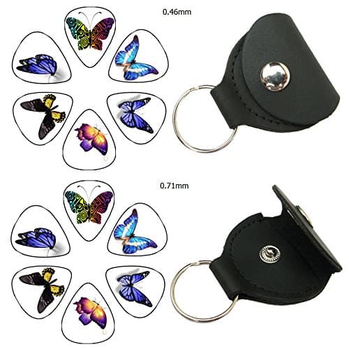 Easeicon 12-Pack Butterfly Theme (Colorful Wings, Thin Body) Celluloid Electric, Acoustic or Bass Guitar Picks, 2 Leather Plectrum Holder Case Keychain Cover Included