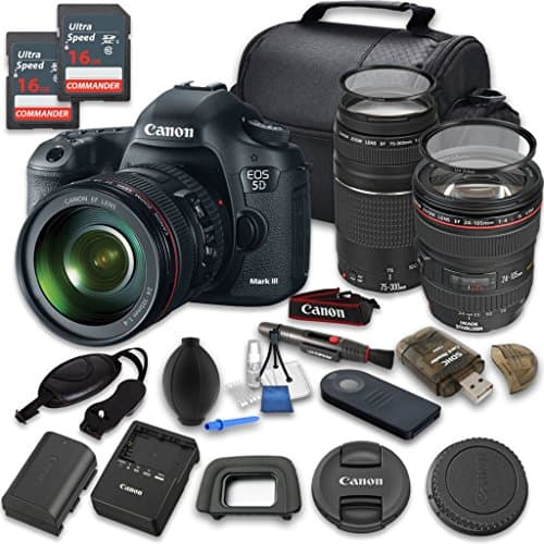 Canon EOS 5D Mark III 22.3 MP Digital SLR Camera with EF 24-105mm f/4 L IS USM Lens + Canon EF 75-300mm f/4-5.6 III Lens with 2pc 16GB Memory Cards - International Version (No Warranty)