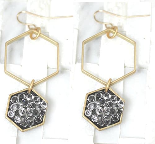 Long Dangle Black Earrings- hexagon- Gold-Plate geometric drop