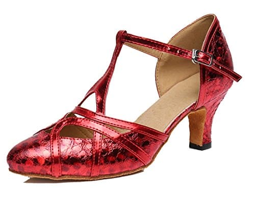 TDA Womens Mid Heel Printing Red PU Leather Salsa Tango Ballroom Latin Party Dance Shoes CM101 9.5 M US
