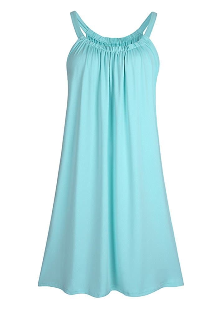 Womens Summer Solid Color Causal Slip Relaxed Gathered Neckline Beach Dress Cover Ups SkyBlue One Size