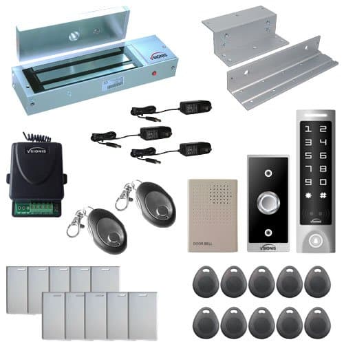 Visionis FPC-5609 One Door Access Control System Inswing Door 1200lbs Magnetic Lock with VIS-3003 Slim Outdoor IP68 RFID Keypad Entry Security with Wireless Remote EM MFR Standalone 2000 Users Kit