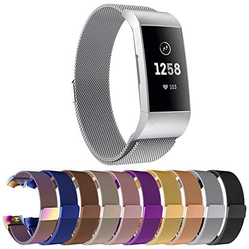 Replacement Compatible Fitbit Charge 3 Bands /Charge3 SE Metal Bands Wristband Accessory Magnetic Breathable Sport Bracelet Strap Small & Large for Women Men Silver Black 10 Colors JOY001