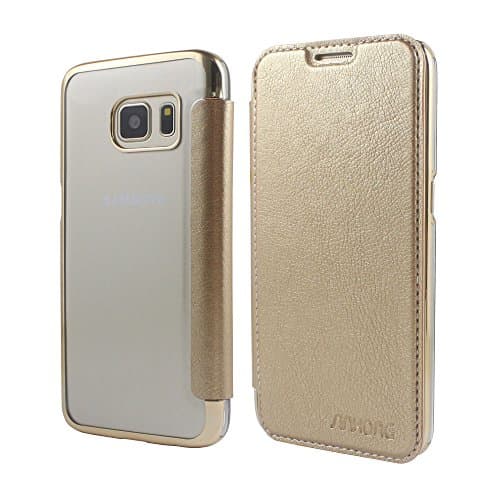 Galaxy S7 Flip Case,SINHONG [Clear Back with Bling Bumper] Leather Flip Wallet Case Cover with Credit Card Holder Slot for Samsung Galaxy S7 - Gold