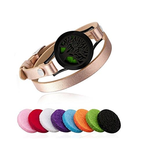Essential Oil Diffuser Bracelet Aromatherapy Black Tree Stainless Steel Rose Gold Adjustable Leather Band with 8 Color Pads for Décor Gift Girls Women