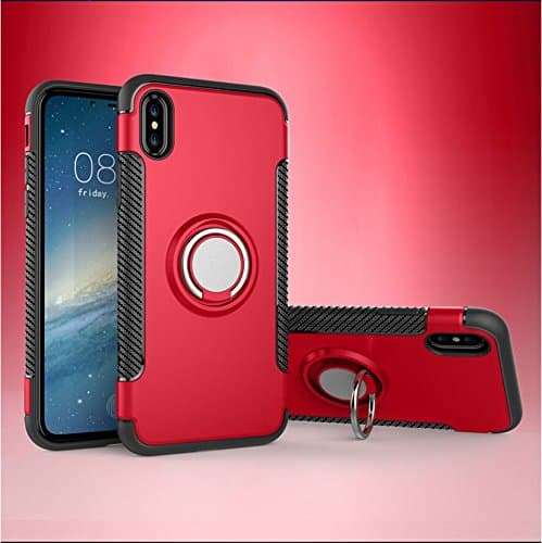 iPhone X Ultra Slim Dual Layer Shockproof Impact Protection Cover Case – 360 Rotating Ring Grip/Stand Holder/Kickstand Case Compatible with Magnetic Car Mount (Ruby Red)