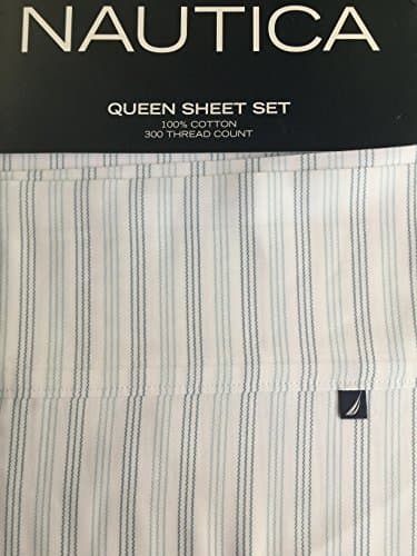 Nautica 100% Cotton 300 Thread Count Queen Sheet Set, Devonport Ticking Stripe