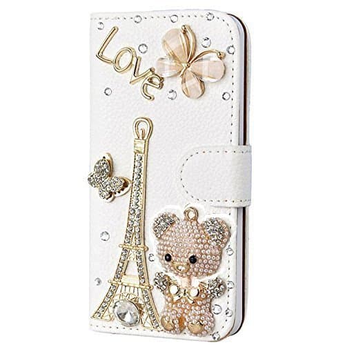Galaxy S6 Edge Plus Case,Lovely Bear Effiel Tower Bling Crystal White PU Wallet Leather Case for Samsung Galaxy S6 Edge Plus 5.7",[Does Not Compatible with Galaxy S6 Edge 5.1 inch Edition]