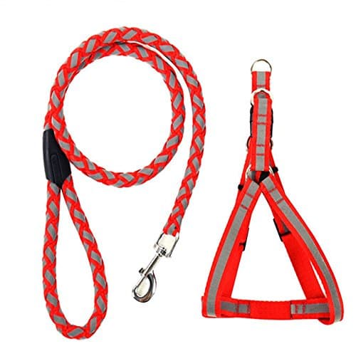 Depets Dog Reflective Harness Leash Set, Adjustable Braided Nylon Leash for Dogs Training Walking, Red 1.2m