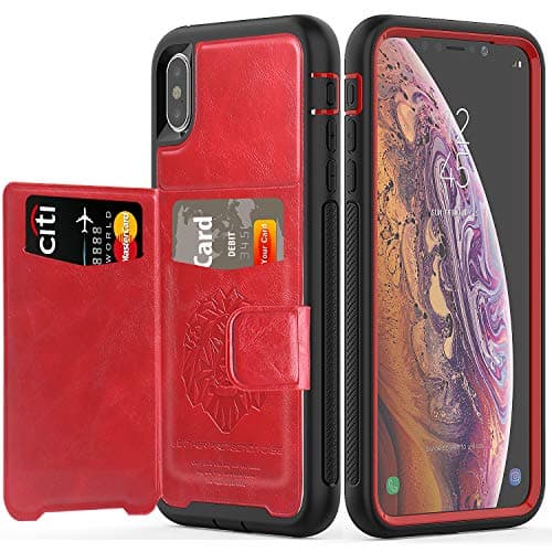 SXcase iPhone Xs Max Case,Leather Card Holder Shockproof Tough Protective Phone Case for Apple iPhone Xs Max [6.5 inch][Red]