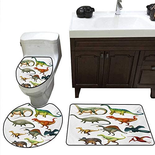 Dinosaur Bath Toilet mat Set Various Different Ancient Animals from Jurassic Period Cartoon Collection Mammals Bathroom and Toilet mat Set Multicolor