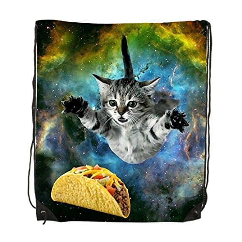 Curious Cat Flying Through Space Reaching For A Taco Unisex Gym Drawstring Shoulder Bag Backpack Travel Bag Bags Backpack String Bags School Rucksack Gym Handbag
