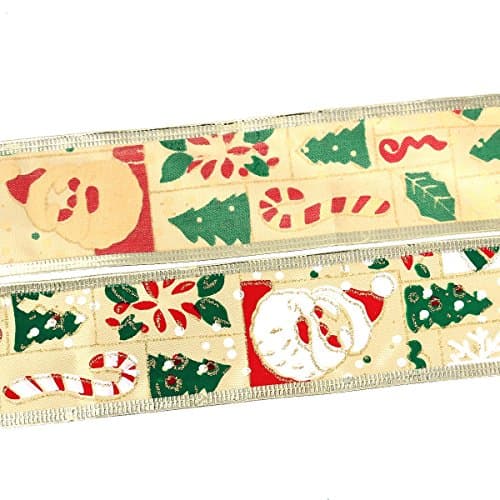 10 Yards (30 Feet) - 2 Inch (5cm) Width - Imitation Silk Satin Ribbon Christmas Tree Santa Claus Pattern with Golden Trim