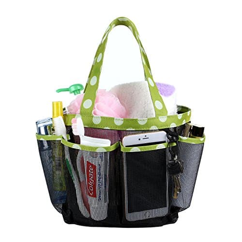 Portable Mesh Shower Caddy with 7 Storage Compartments & Key Hook, Quick Dry Hanging Toiletry and Bath Organizer, Perfect for Dorm, Camping ,Gym, Yoga,Camp & Travel, Green