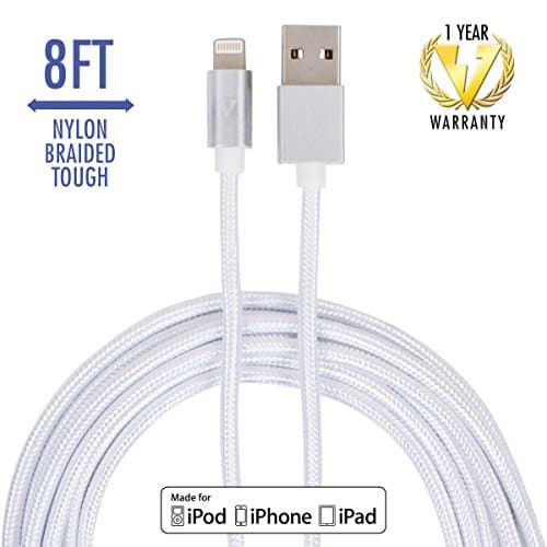 vCharged 8 FT Long iPhone Charger Nylon Braided USB Lightning Cable for iPhone X, 8 / 8 Plus, iPad &amp; More