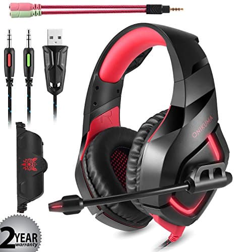 Gaming Headset with Mic for PS4 PC Mac Laptop Tablet Xbox One, Wired 3.5mm Jack 7.1 surround stereo, USB Powered LED Dazzle Light Enrich your Game and Chat Experience. ONIKUMA K1 Red.