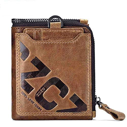 ESOEM Men’ s Real Cow Leather Wallet, Retro RFID Blocking Double Money Clip with Zipper closure