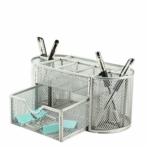 Xinyaoshi Mesh Desk Accessories Organizer 9 Space Saving Writing Supplies Compartments With a Large Drawer (silver)