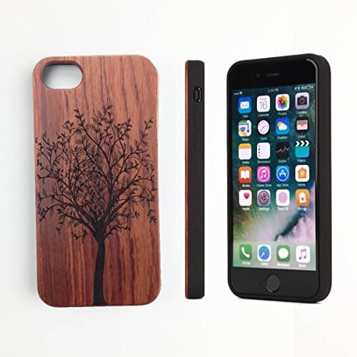 Luxury Phone Case Wood for IPhone 7 Protective Rubber Bumper Carving Pattern Slim Phone Case for Apple IPhone 7 4.7 Inch (trees red)