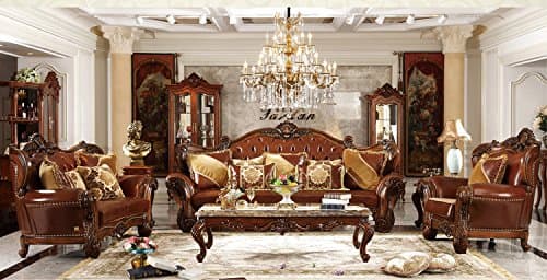 Ma Xiaoying Genuine Leather, Solid Wood Beech Frame,Traditional Collection Living Room Furniture Set (Sofa, Loveseat and Chair and 2tables), Dark Brown