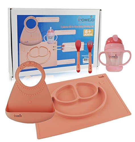 All-in-One Children’s Dining Set (5-Piece Kit- PINK SMILEY) – Soft, Flexible Silicone Dishware for Toddlers – Includes Placemat, Sippy Cup, Fork, Spoon, Baby Bib – Boys and Girls 6 Months +
