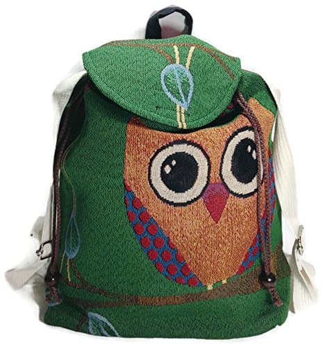Knapsack Backpack Owl Handmade Fabric Green Color Closing by 2 Ropes