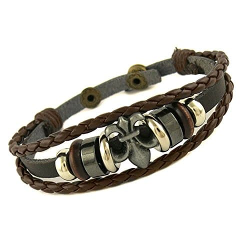 Multi Strand Biker Brown Leather Bracelet with Fluer De Lis