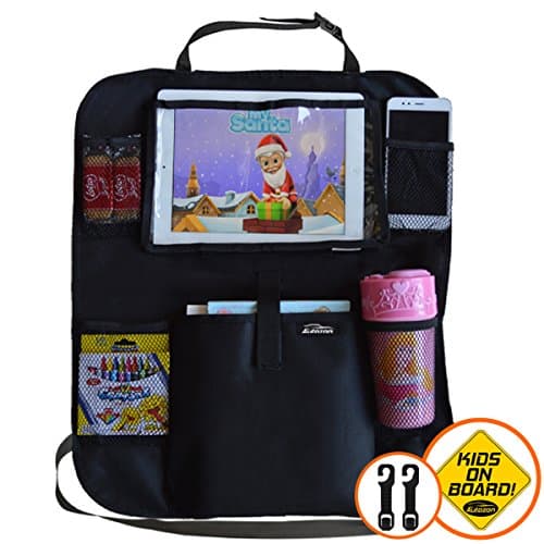 Autozon Car Backseat Organizer - Kick Mat Back Seat Protector with iPad/Tablet Holder, Kids Toy Storage Bag and Baby Travel Accessories Pockets. Free Extra- Car Headrest Organizer Hooks + Car Sticker