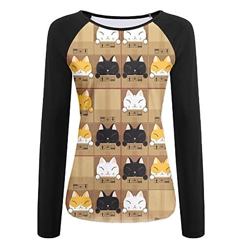 Women's Funny Cat Box Pattern Graphic Cotton Long Sleeve Raglan T-Shirts