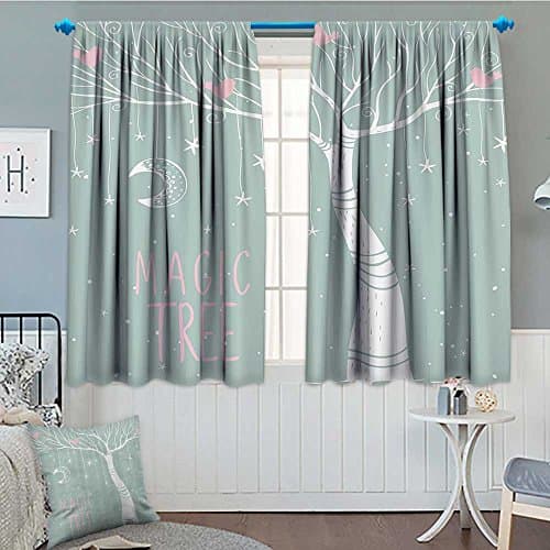 Magic Home Decor Blackout Window Curtain Magic Tree with Stars and Moon Hanging on the Branches Simplistic Pastel Illustration Customized Curtains 52"x63" Almond Green White