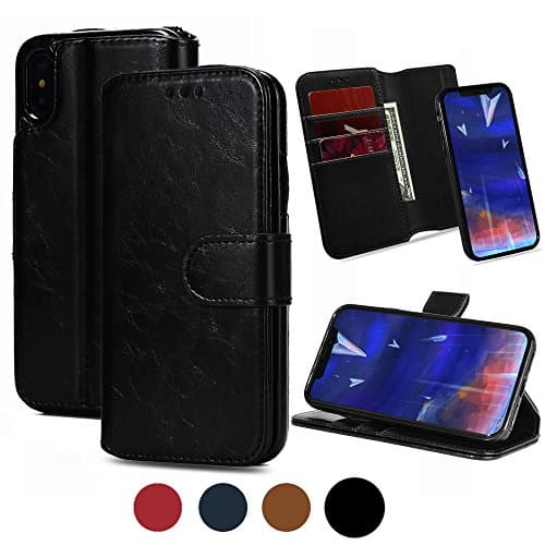 iPhone X Wallet Case with Credit/ID Card Holder/Slots&Detachable Magnetic Slim Case, 2 Way Kick-stand, Made with Premium Faux Leather-Black By Weforever
