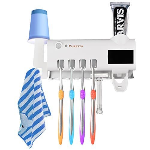 Toothbrush Holder with Toothpaste Dispenser, UV-C Toothbrush Sterilizer Solar Powered and IR Induction, Wall Mounted One-Stop Organization Box with Razor Dental Floss Tongue Scraper Slots for Bathroom