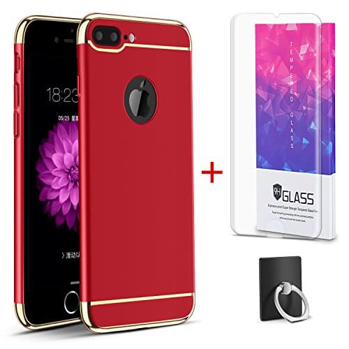 Hanglong 3 in 1 Full Protective Phone Case with Electroplate Frame For iPhone 7 Plus (with one Tempered Glass Screen Protector)-Red