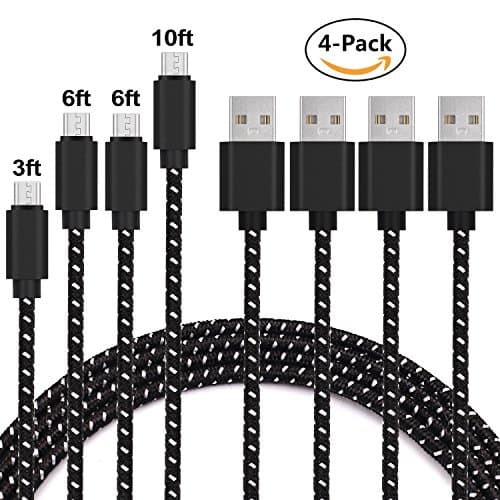 Micro USB Cable, 4-Pack 3ft / 6ft / 6ft / 10ft Nylon Braided Android Charger USB to Micro USB Charging Cable for Android, Sumsung, Nexus, LG, Sony, Xbox, PS4 and More By Trippix (Black)