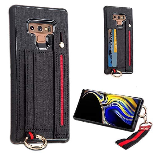 LUXCA Wallet Case for Samsung Note 9; Professional Leather Zipper Wallet Pocket Purse Handbag Wrist Strap snap on case for Samsung Galaxy Note 9 (Black)