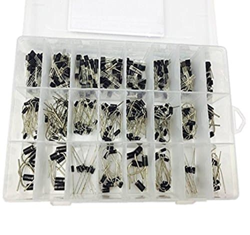 Roy 400PCS 24Value 3 Pin Power Transistors Socket 2N2222-S8550 and Diodes Bridge Rectifiers 1N4001-FR157 Assortment Assorted Kits with Clear Plastic Box Lable Transistor Diode