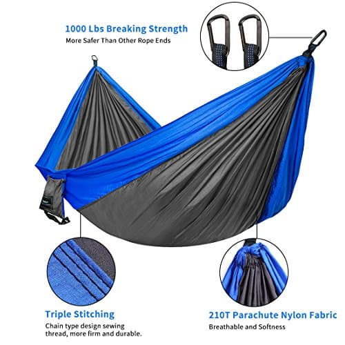 DONMEY Single &amp; Double Parachute Camping Hammock with Tree Straps - Lightweight Portable Nylon Hammocks for Travel, Backpacking, Hiking, Beach, Yard