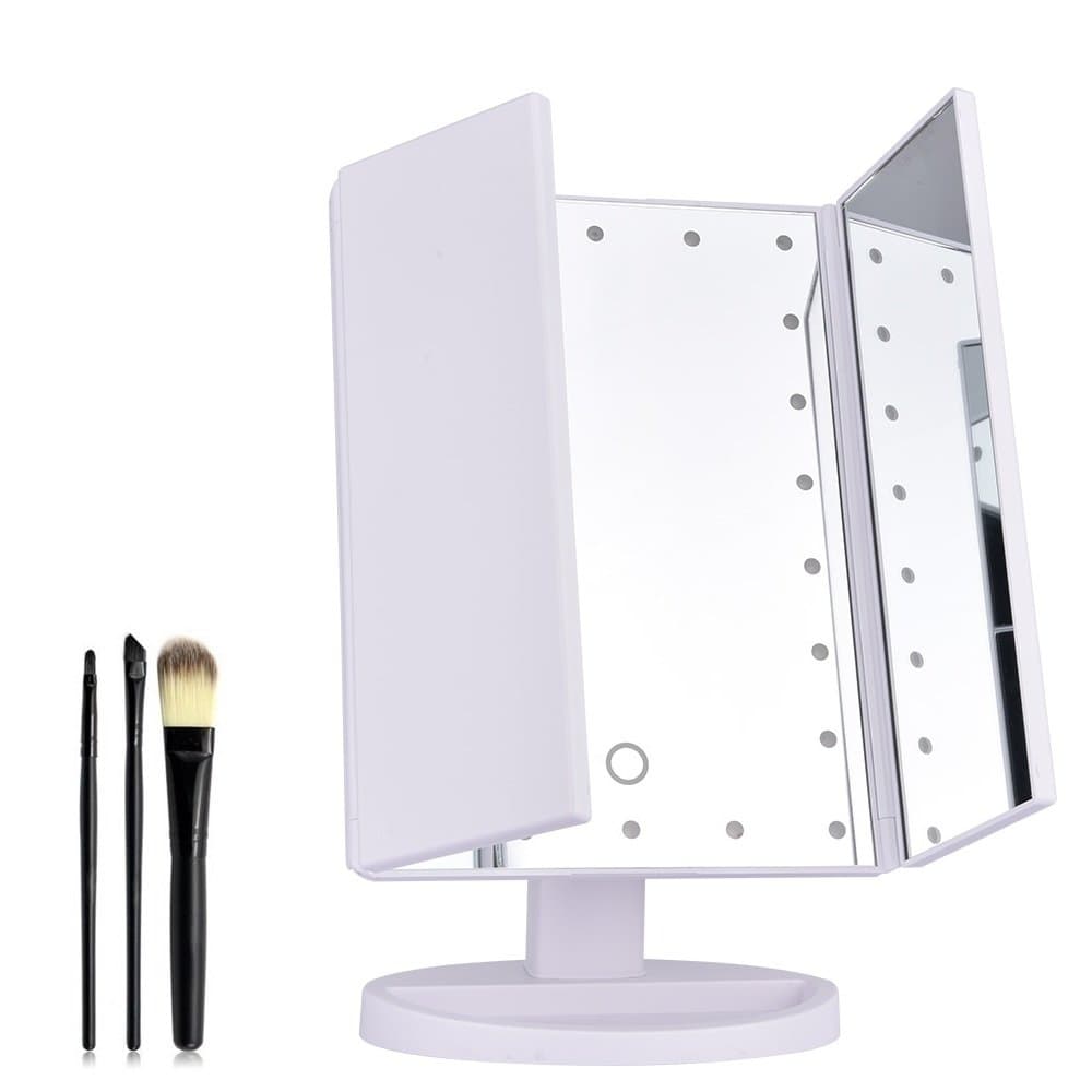 AUSHEN Lighted Makeup Mirror 22 LED Lights Touch Screen 1X 2X 3X 10X with Magnification Makeup Vanity Mirror LED with 3pcs Makeup Brushes (Trifold White)