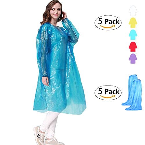 Rain Poncho for Adults (5 Pack) with Drawstring Hood and Elastic Sleeve Ends ,Thicker Material Emergency Disposable Rain Poncho Family Pack, 5 Pairs Waterproof Rain Boot Shoe Cover as Gift (5 Pack)