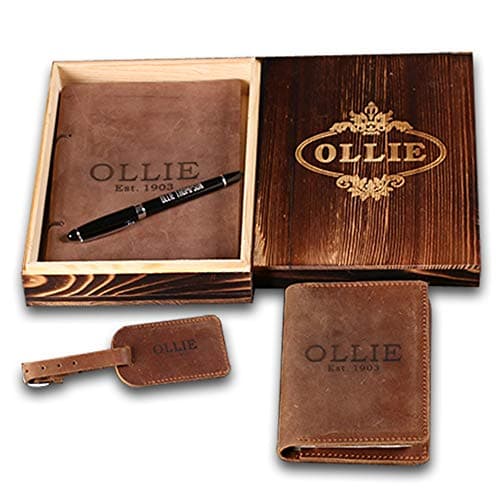 DG Monogram Travel Gift Set with Rustic Brown Leather Passport Holder, Leather Travel Journal, Leather Luggage Tag and Pen in Wooden Gift Box