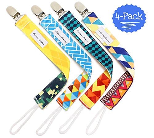 B.B. Pacifier Clip 4-Pack | 2-Sided Binky Clips for Baby Boys | Universal Strap/Holder/Leash for Soothies, Teethers, &amp; Pacifiers by Bodacious Bambino
